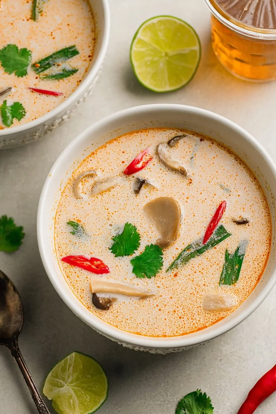A creamy, vibrant bowl of Slow Cooker Tom Kha Soup garnished with fresh cilantro and lime.