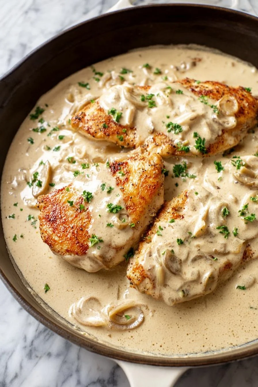 Creamy, golden Sour Cream and Onion Chicken garnished with fresh chives