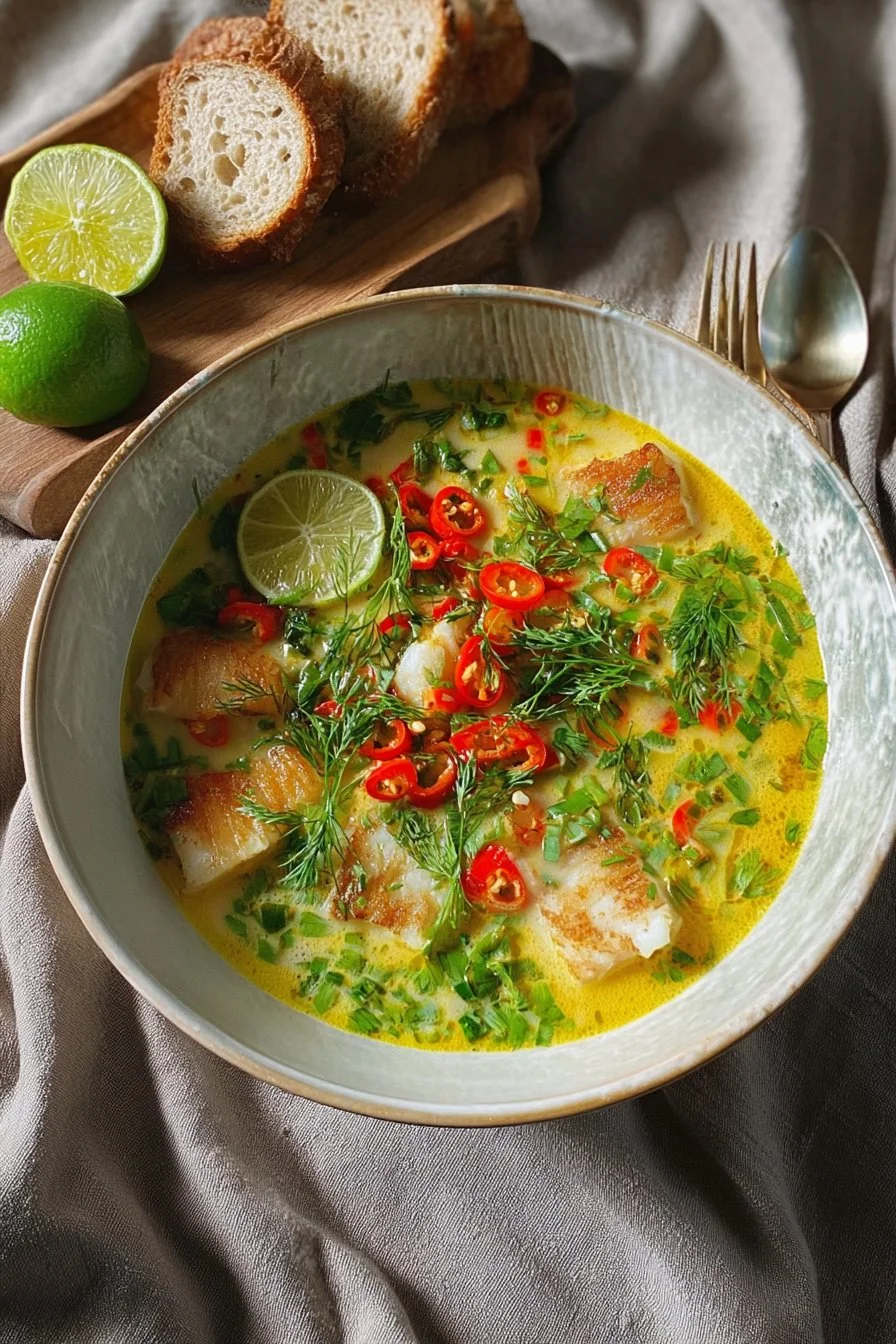 A steaming bowl of Spicy Coconut Lime Soup with Haddock + Scallops, garnished with fresh herbs and lime wedges