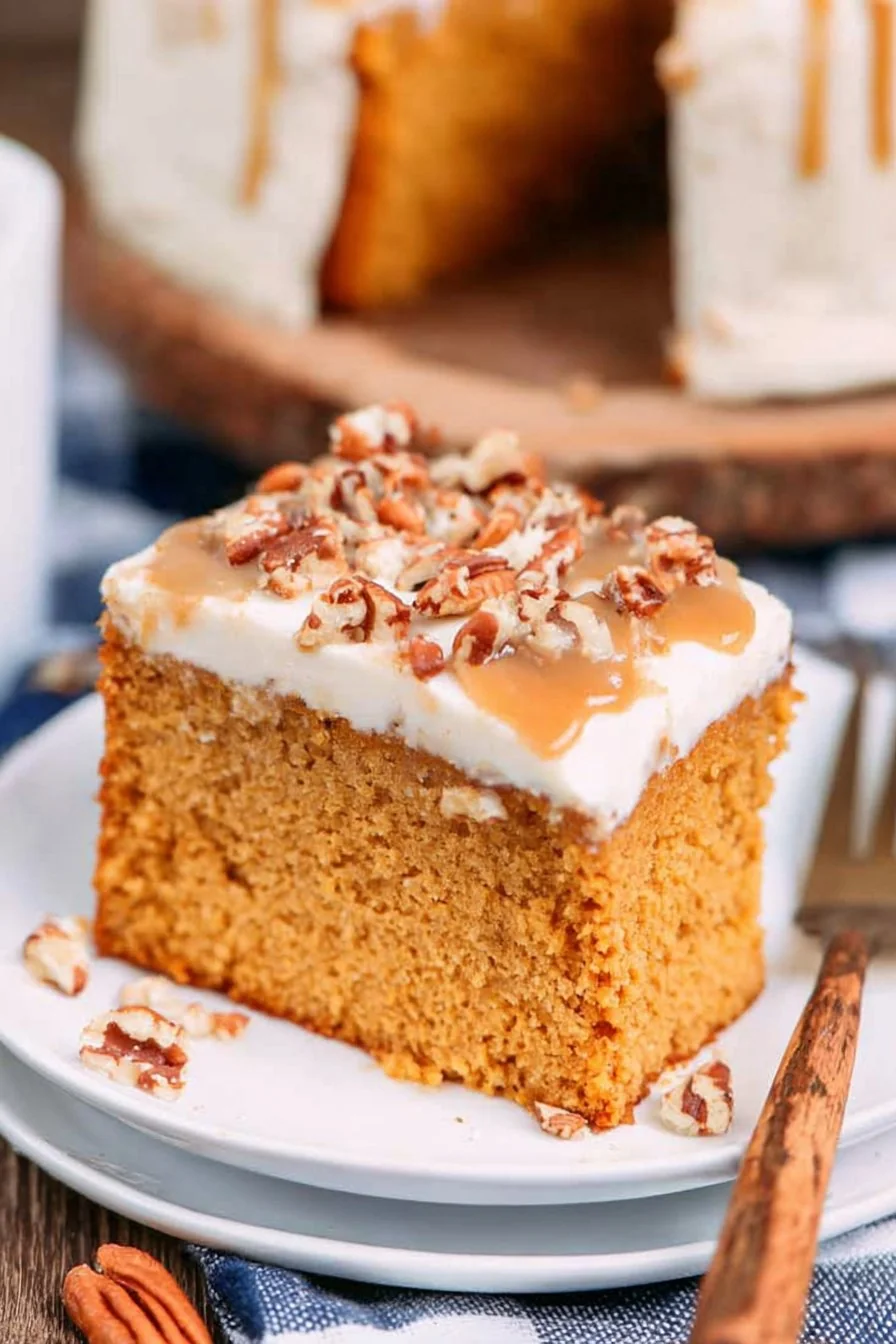 Moist Sweet Potato Cake topped with fluffy cream cheese frosting
