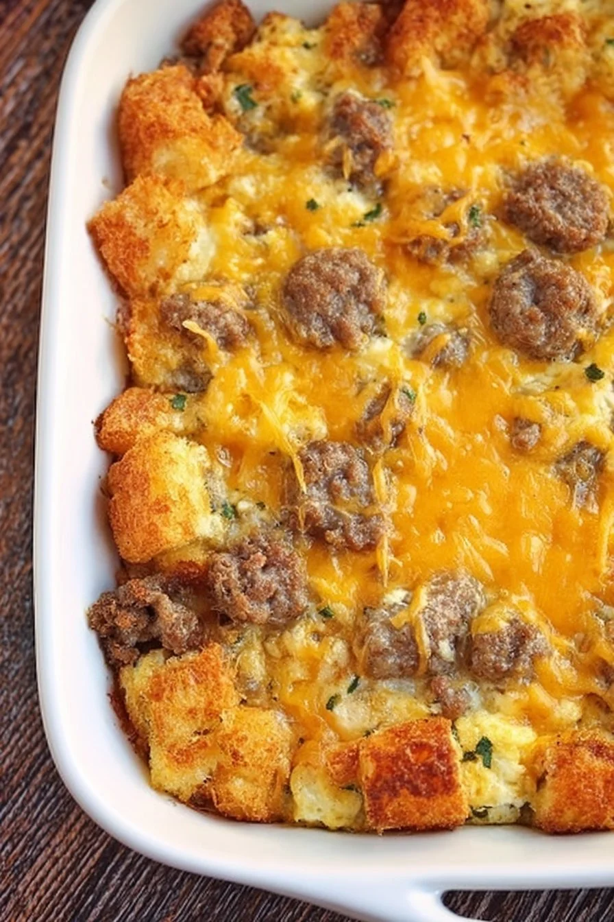 Hearty Tater Tot Sausage Breakfast Casserole fresh from the oven