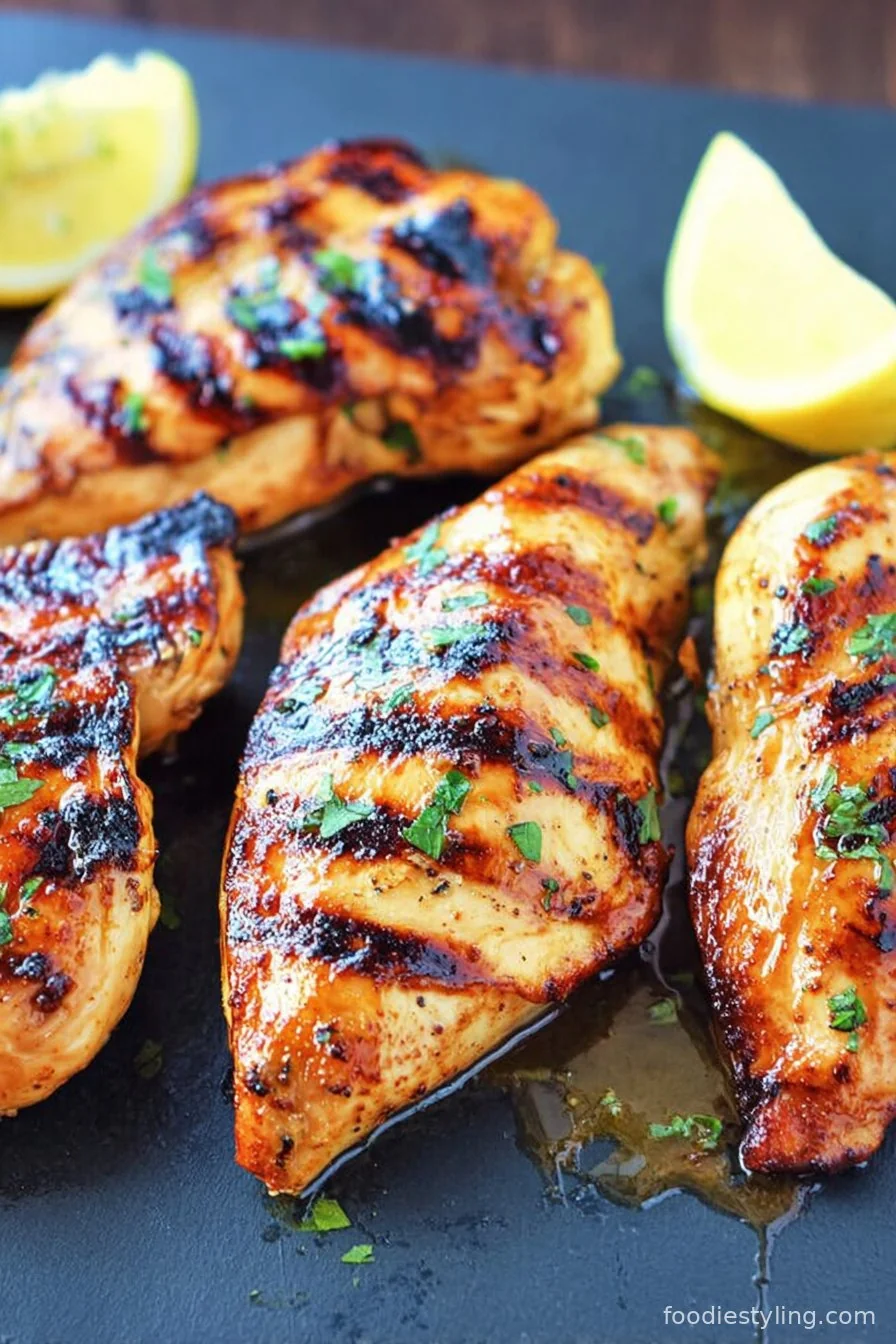 Juicy grilled chicken breast slathered in marinade