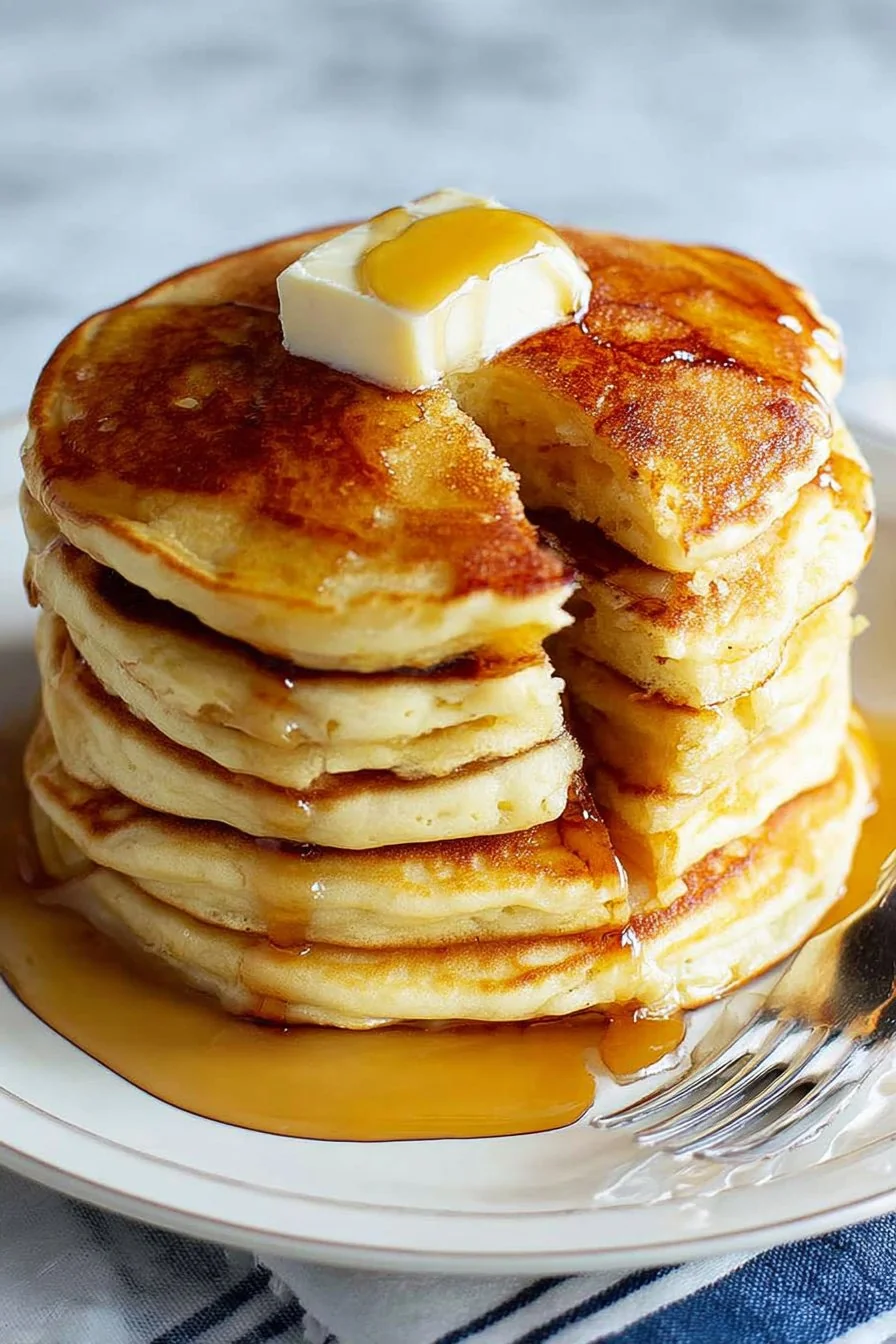 Fluffy gluten-free pancakes stacked high with maple syrup and berries