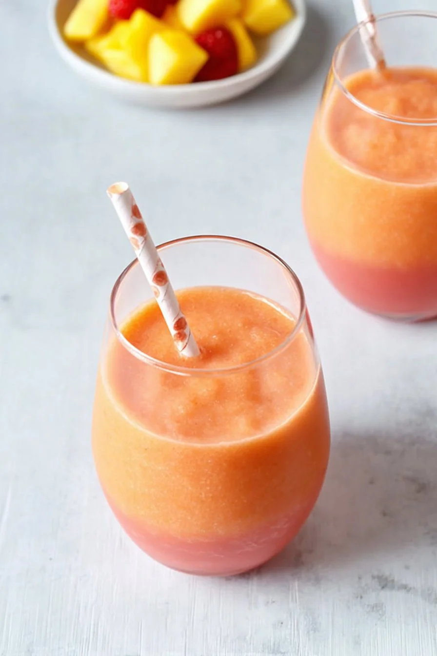 Vibrant layered sunrise sunset smoothie overflowing in a glass with a straw