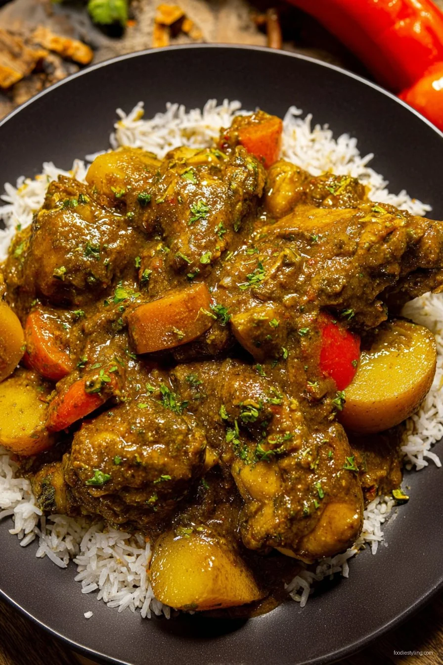 Fragrant golden curry chicken with potatoes and herbs in a pot