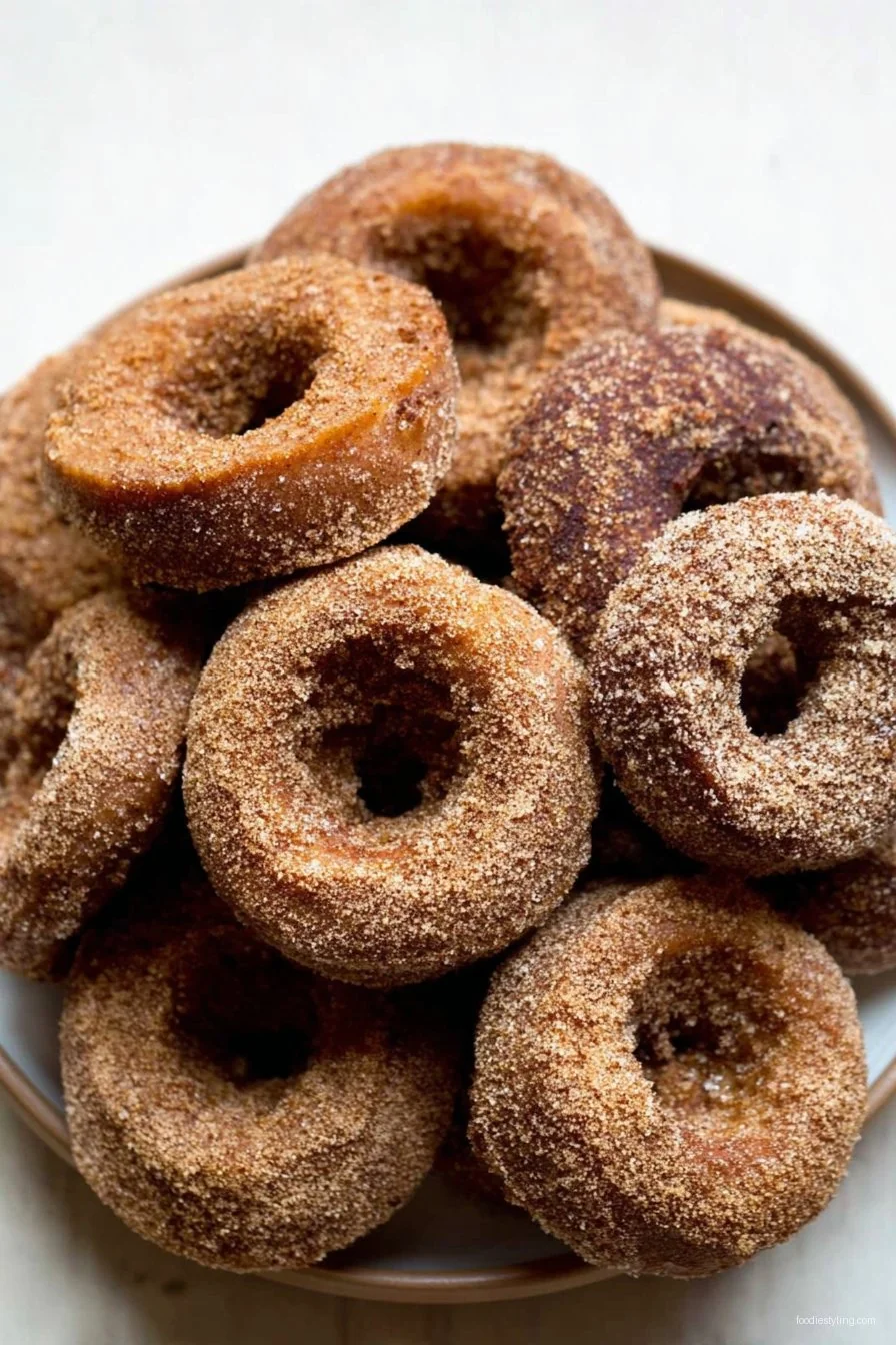 Fluffy, cinnamon-sugar coated Baked Apple Cider Donuts stacked on a cooling rack