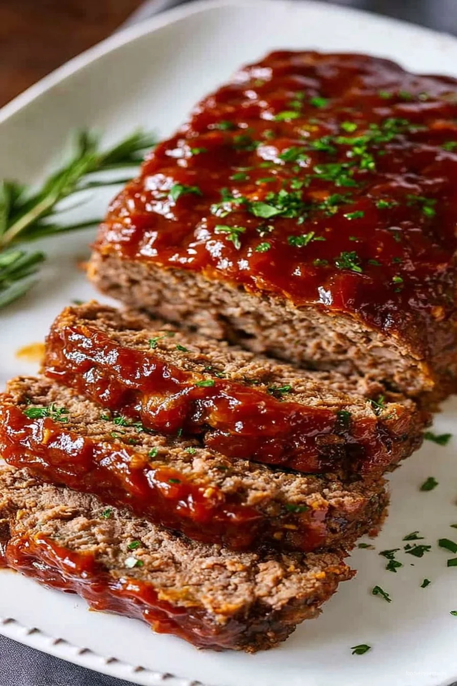 Best Meatloaf fresh from the oven, glazed and sliced