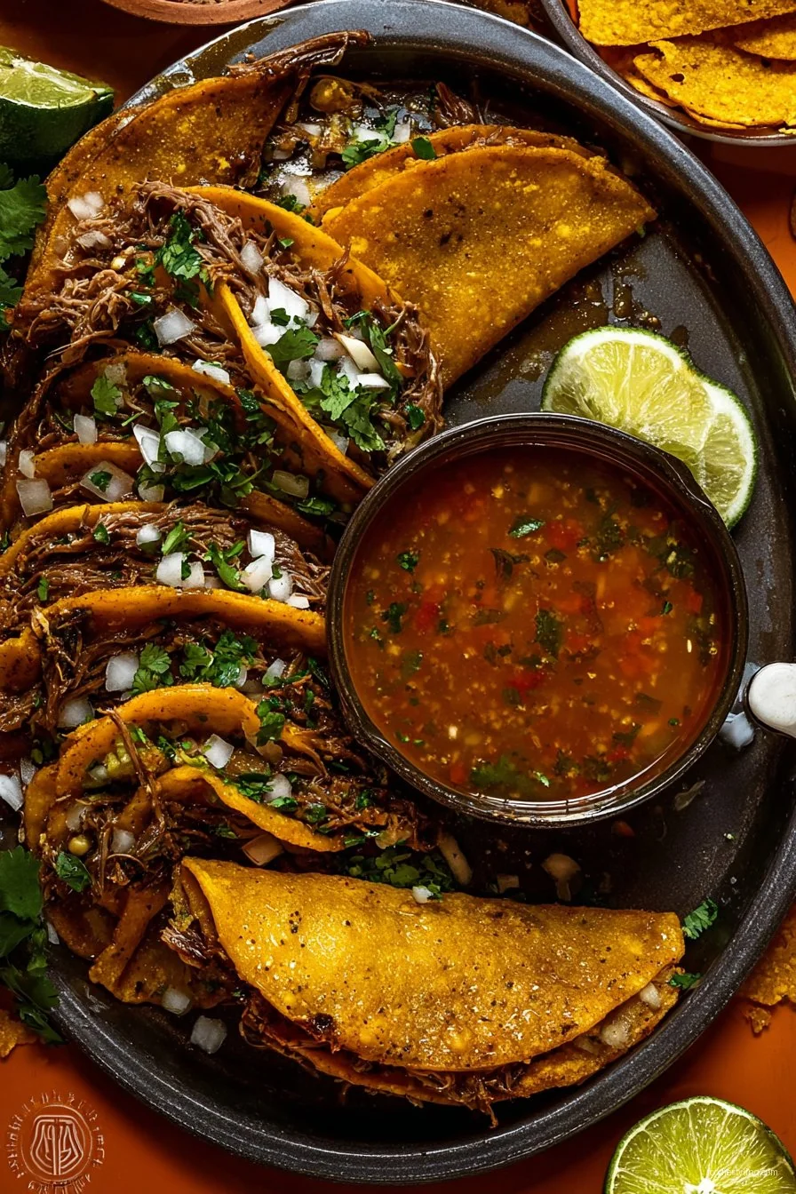 Birria Tacos piled high on a tray with consommÃ© in small bowls for dipping