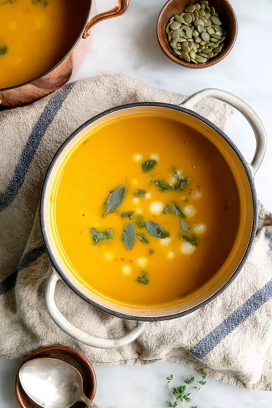 Bright orange bowl of butternut squash soup garnished with herbs and a swirl of cream