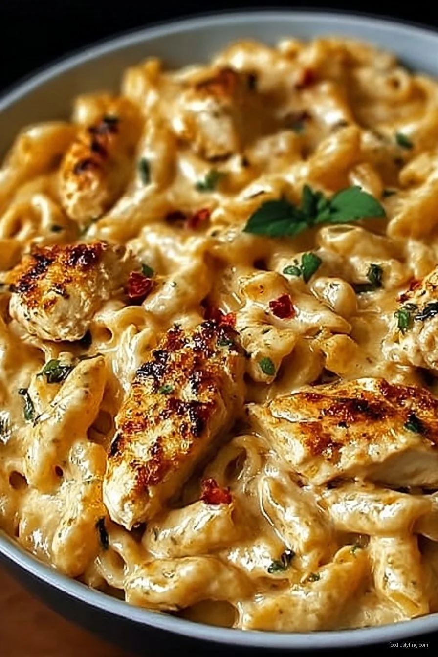 Cajun Cream Cheese Chicken Pasta Bake bubbling in a white casserole dish, topped with melted cheese and sprinkled with parsley