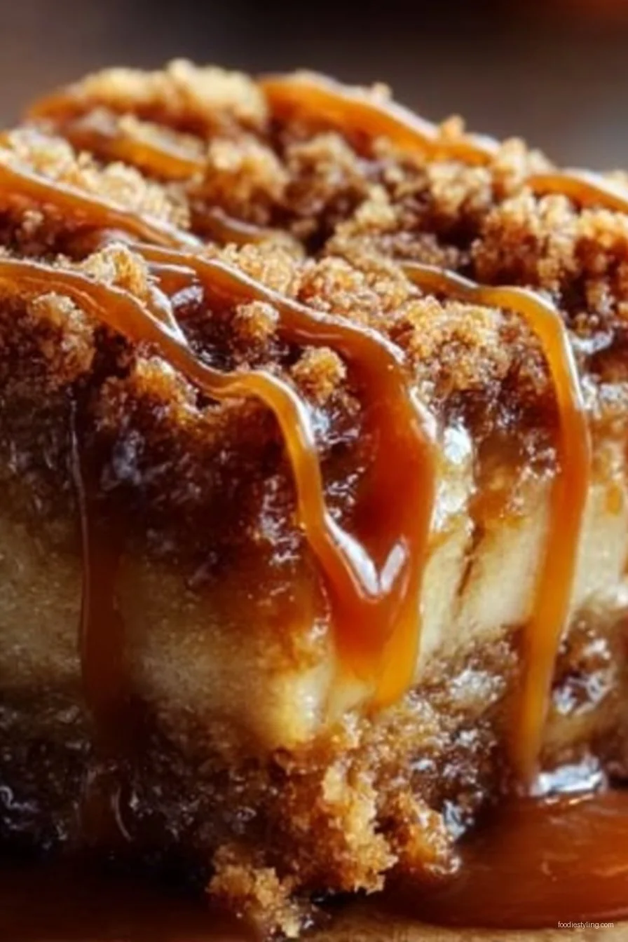 A close-up of gooey Caramel Apple Cheesecake Bars with drizzled caramel sauce