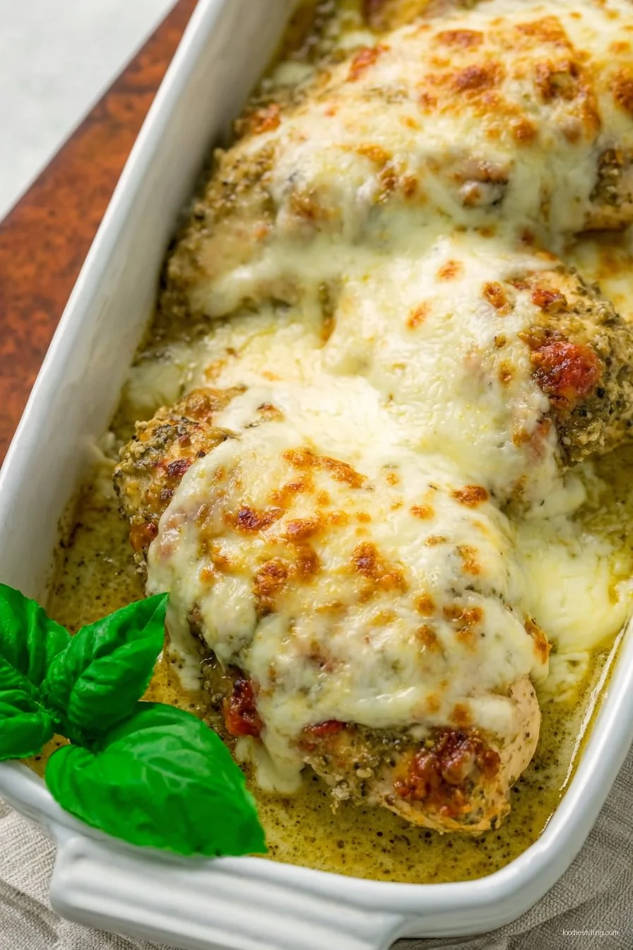 Cheesy Pesto Chicken, bubbling with golden cheese and vibrant pesto
