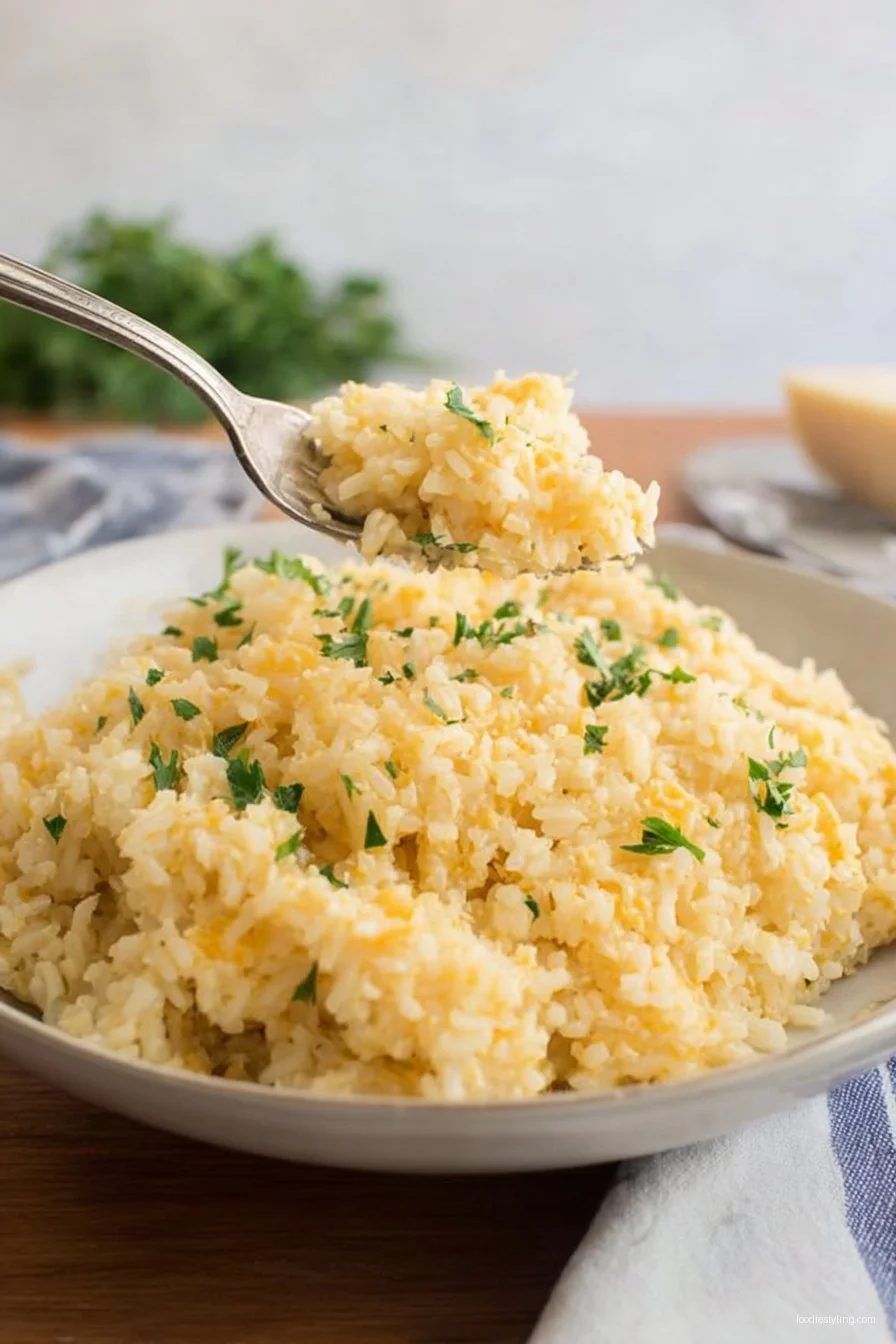 A creamy, cheesy rice dish in a white serving bowl, topped with chopped parsley.