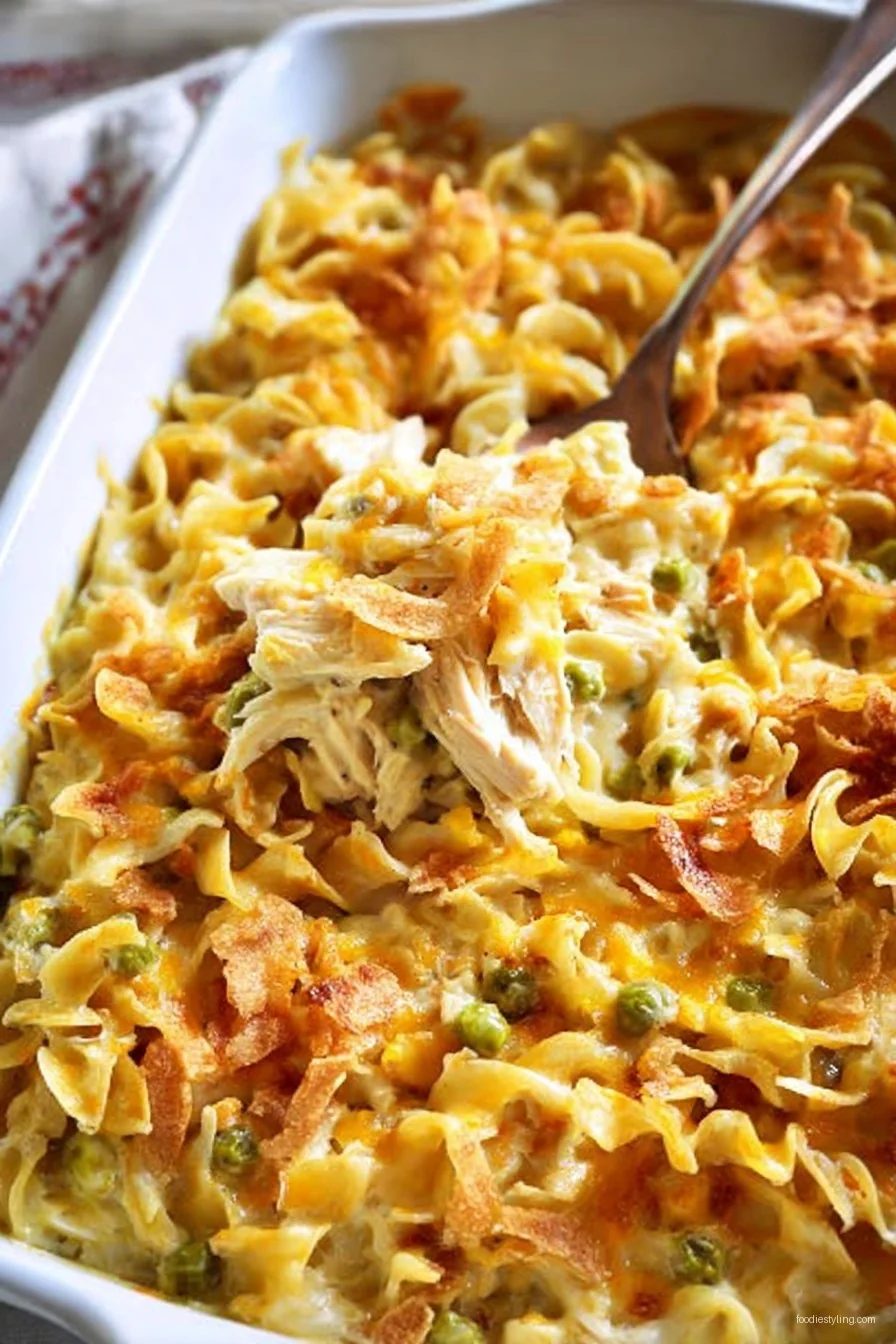 A bubbling, golden Chicken Noodle Casserole with crispy topping in a baking dish