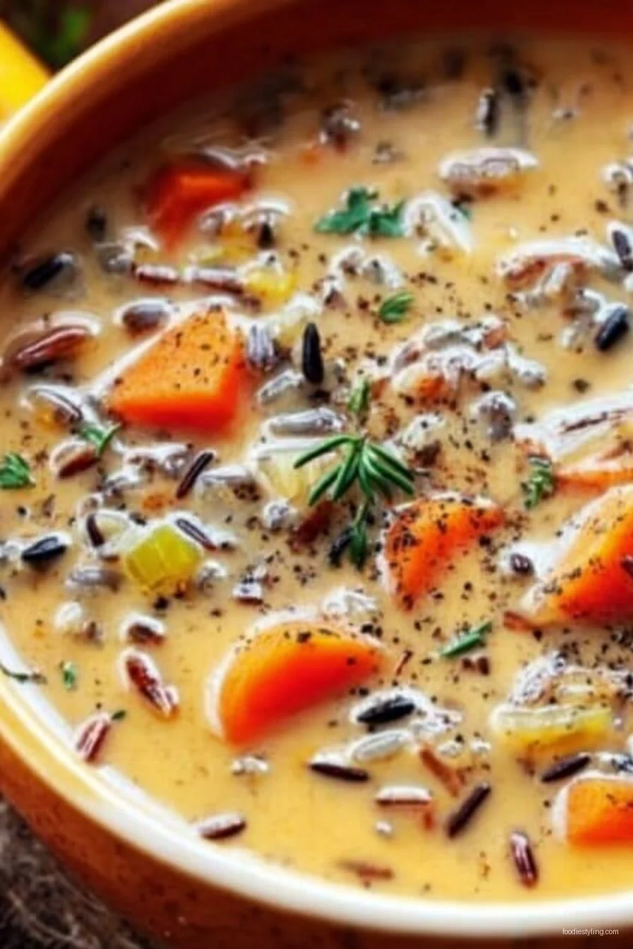Steaming bowl of wild rice soup with autumn vegetables
