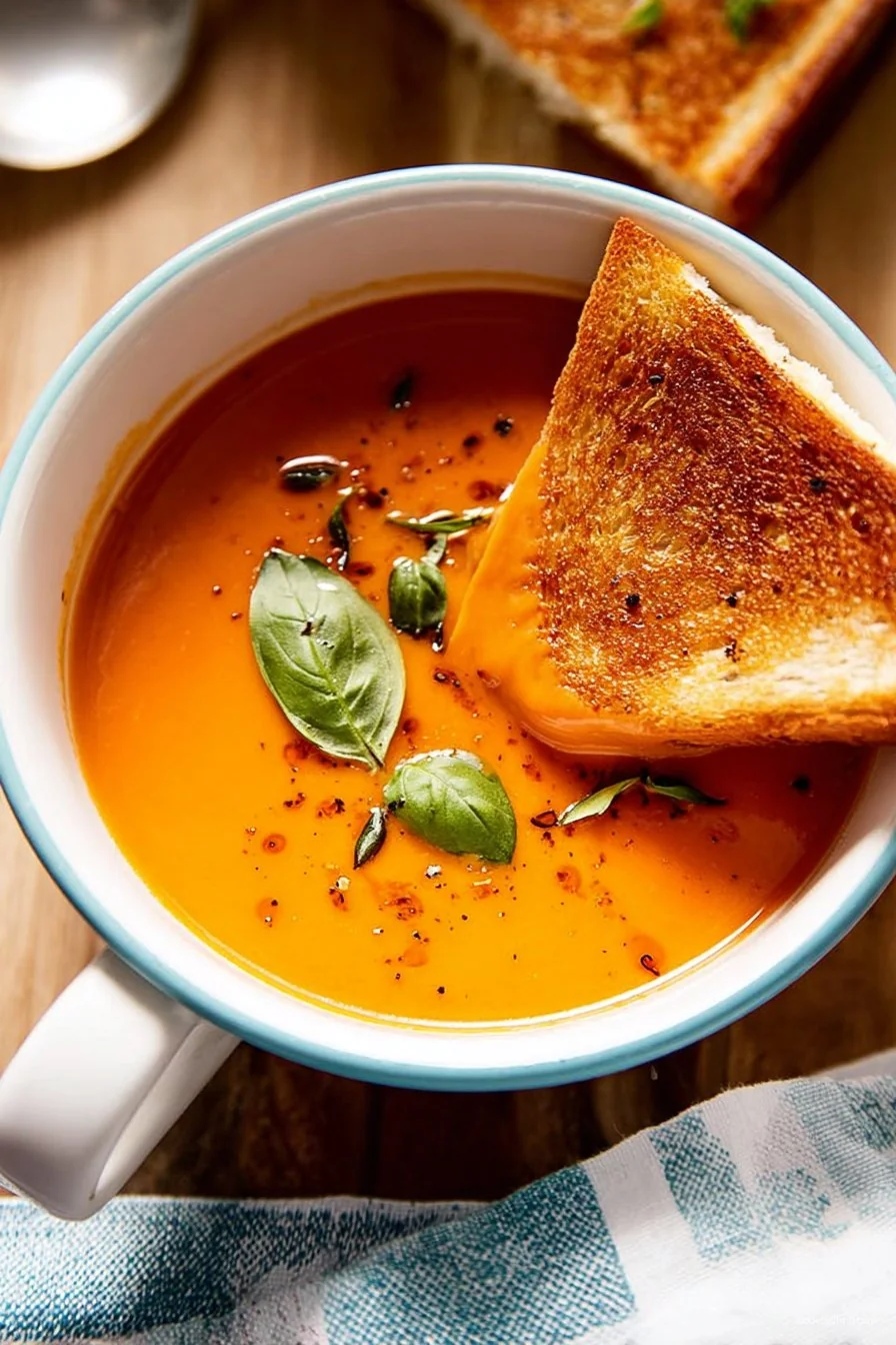 A bowl of creamy tomato soup garnished with basil and served with crusty bread