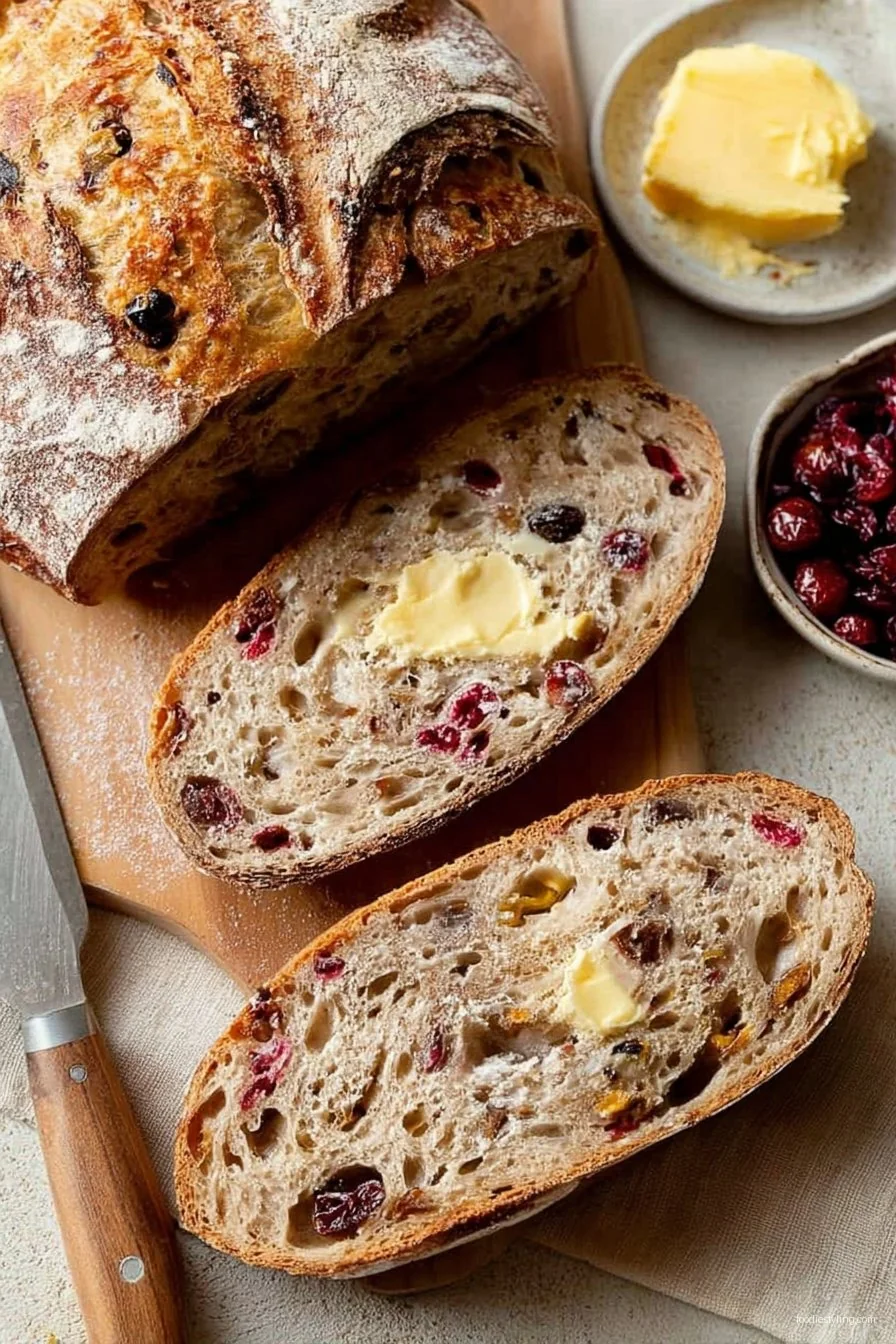 Crusty golden cranberry nut bread resting on a wooden board