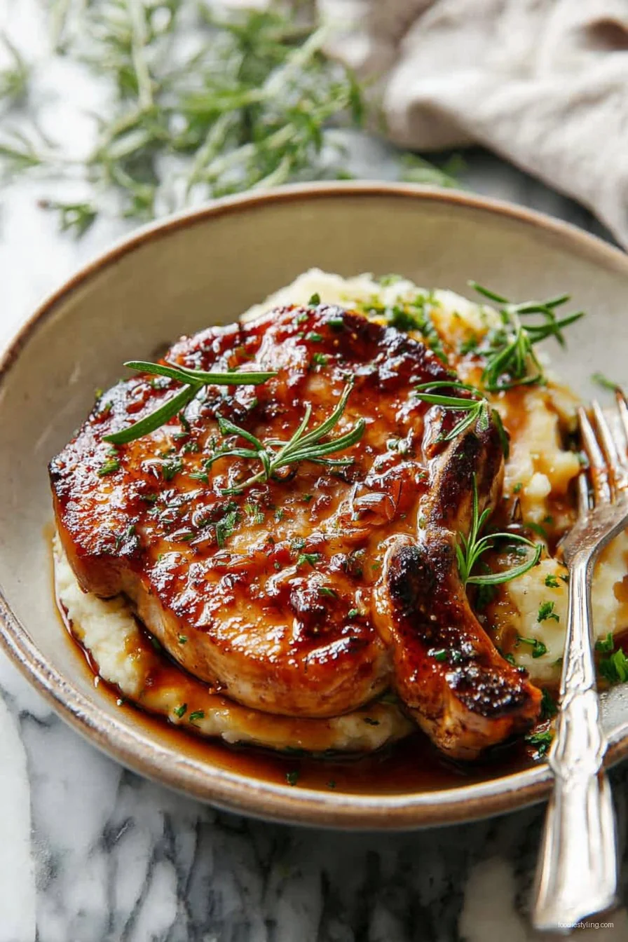 Juicy, glazed pork chops on a white plate with fresh herbs
