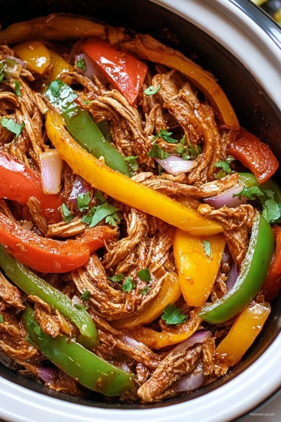 A hearty serving of colorful Easy Crockpot Fajitas in a flour tortilla, topped with fresh cilantro.