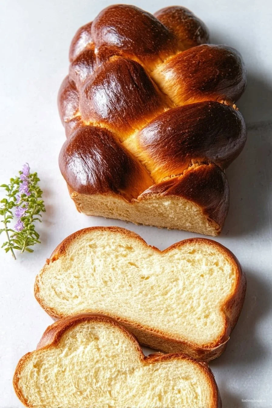 Golden, braided loaf of Fluffy Challah Bread on a wooden board