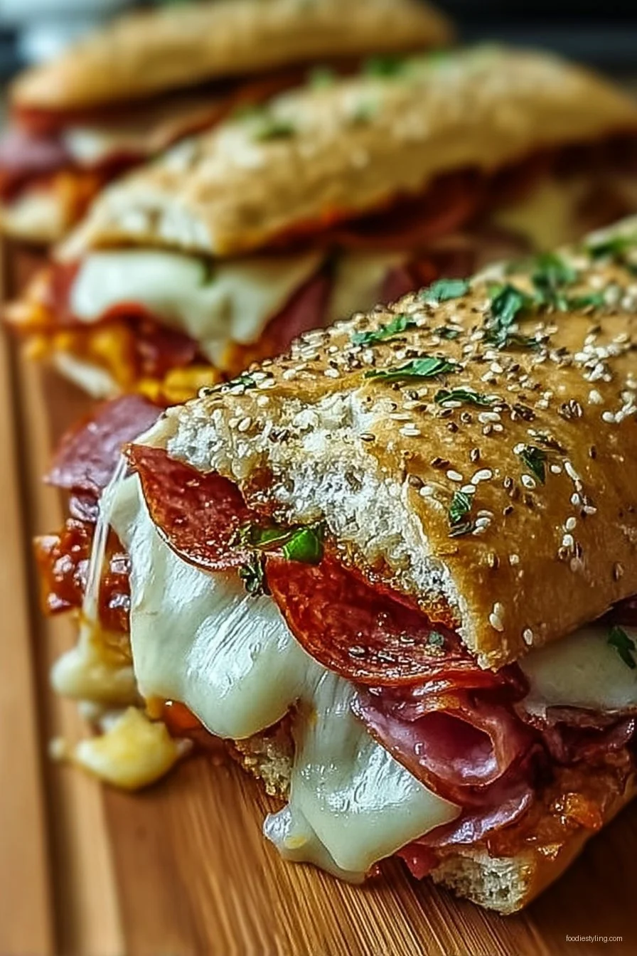 Baked Italian sub sandwich, sliced with gooey cheese and meats