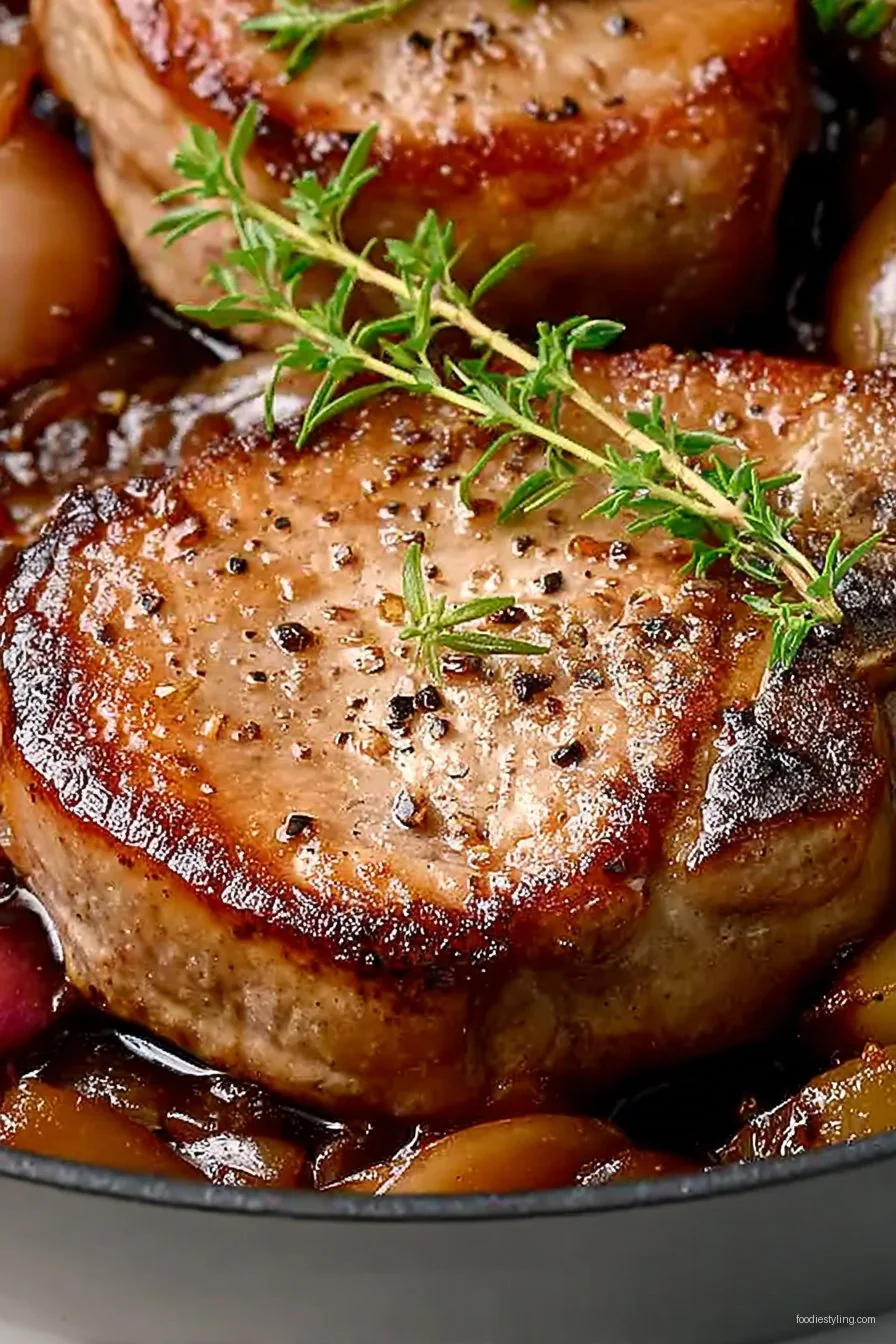 Juicy Apple Butter Pork Chops plated with apples and fresh herbs