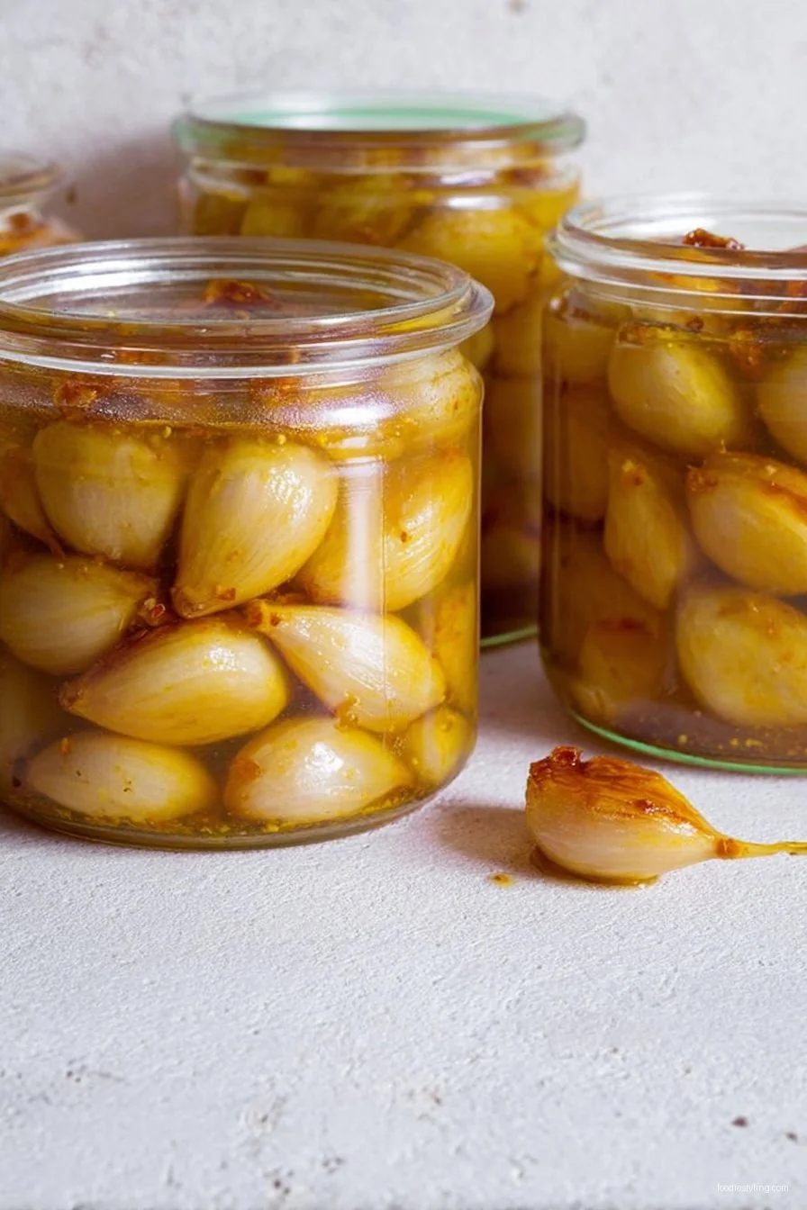 Slow-roasted golden garlic cloves in a jar of olive oil