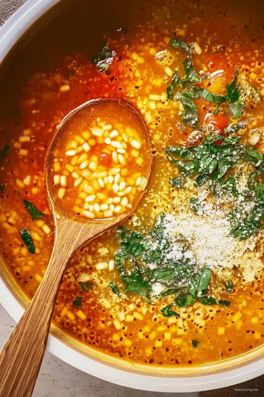 A comforting bowl of Pastina Soup garnished with parsley and Parmesan