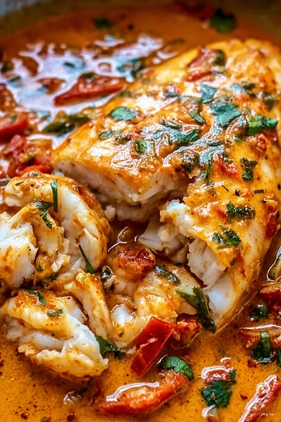 A beautifully plated tilapia fillet topped with glossy roasted pepper sauce and sprinkled with fresh herbs