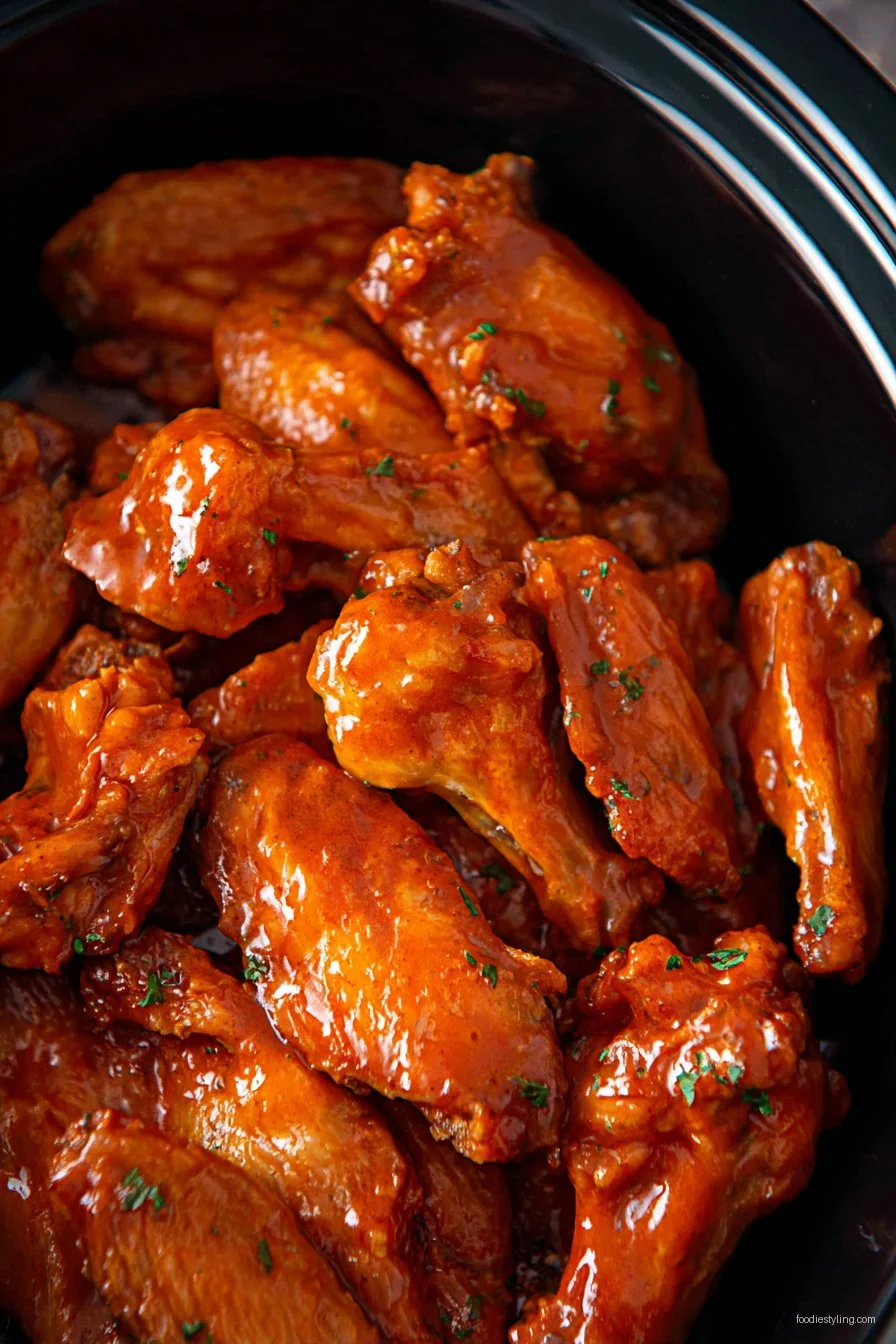 Buffalo wings piled high on a platter, glistening with spicy sauce and sprinkled with fresh herbs