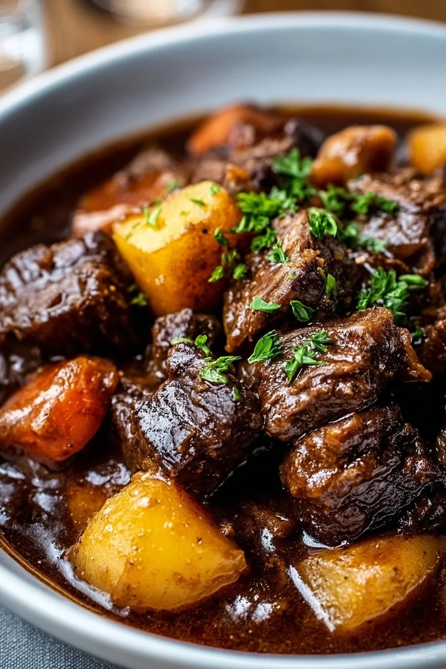 Melt-in-your-mouth beef, glossy mushrooms, and vibrant carrots in a stunning red wine sauce