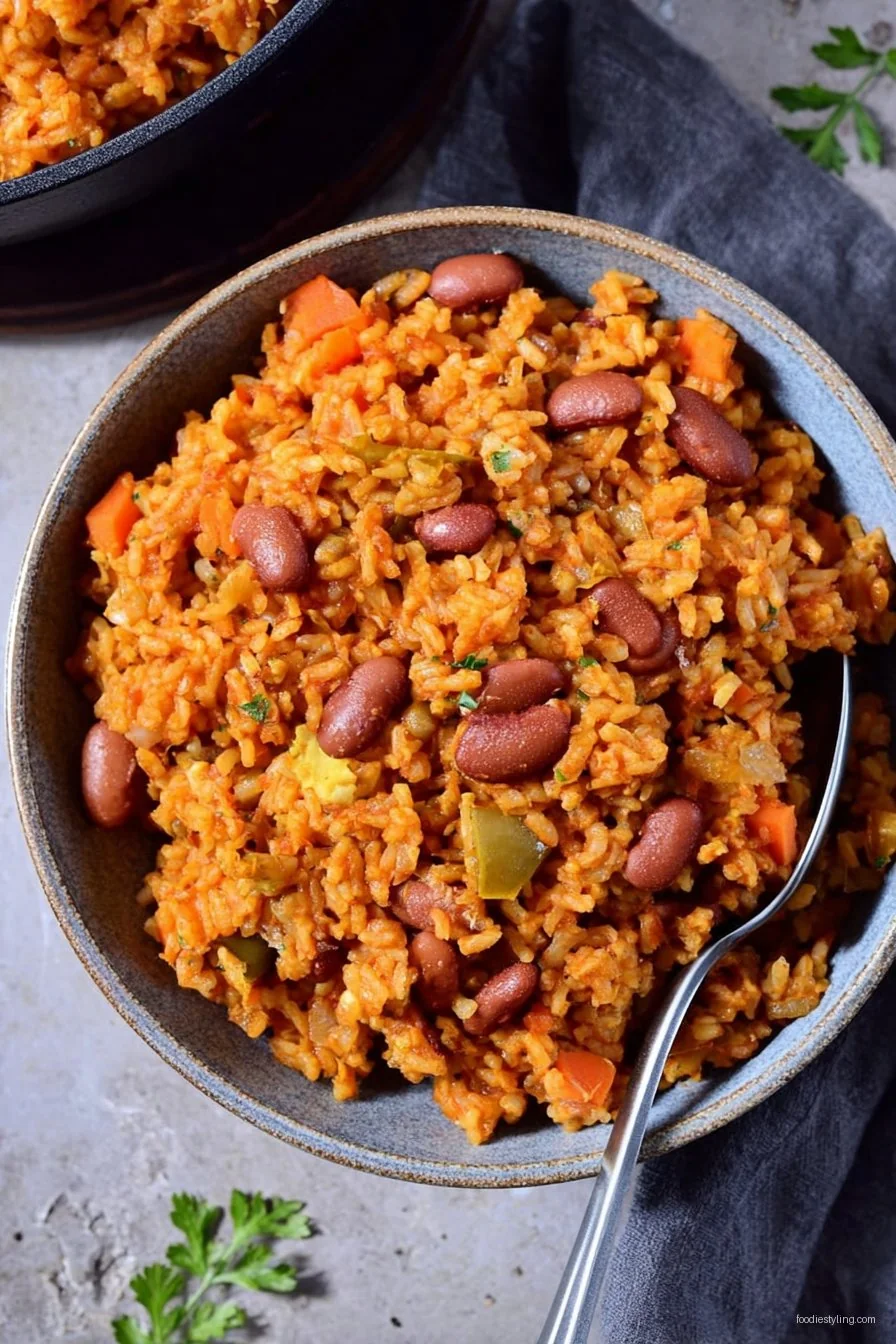 A vibrant bowl of Spanish Rice And Beans garnished with cilantro and lime.