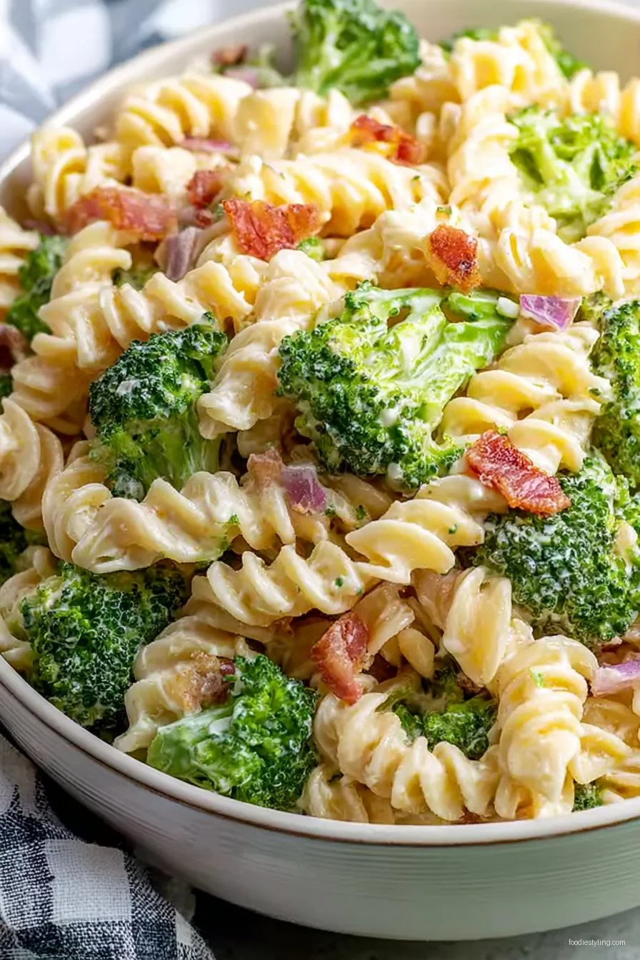 Vibrant bowl of broccoli pasta salad with cherry tomatoes and creamy dressing