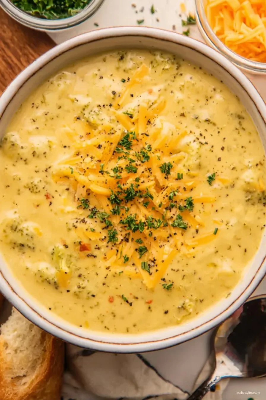 A bowl of creamy Vegan Broccoli Cheddar Soup
