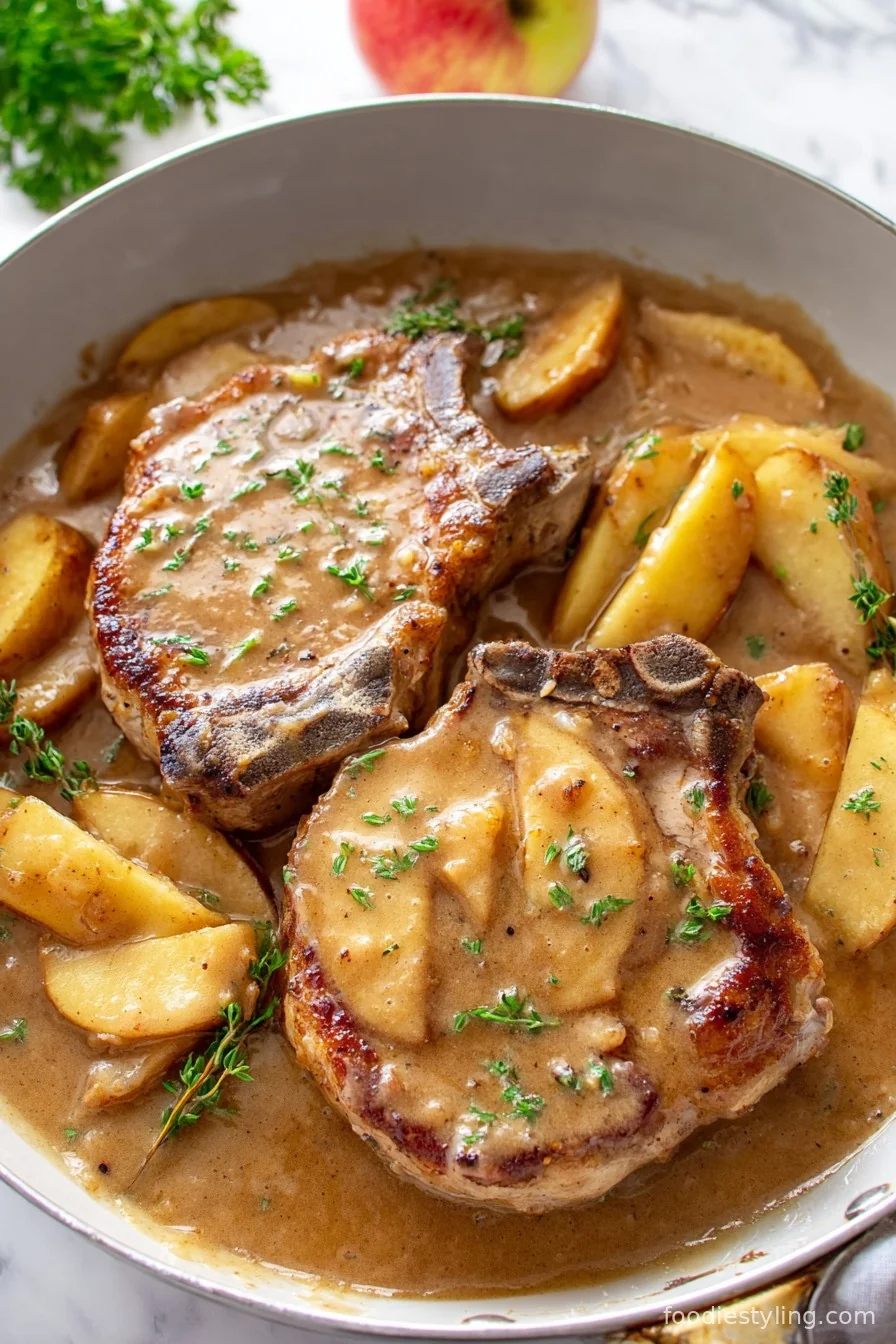 Juicy pork chops with golden apples and fresh herbs in a skillet