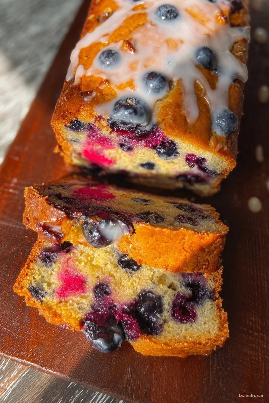A moist slice of blueberry banana bread with juicy blueberries inside.