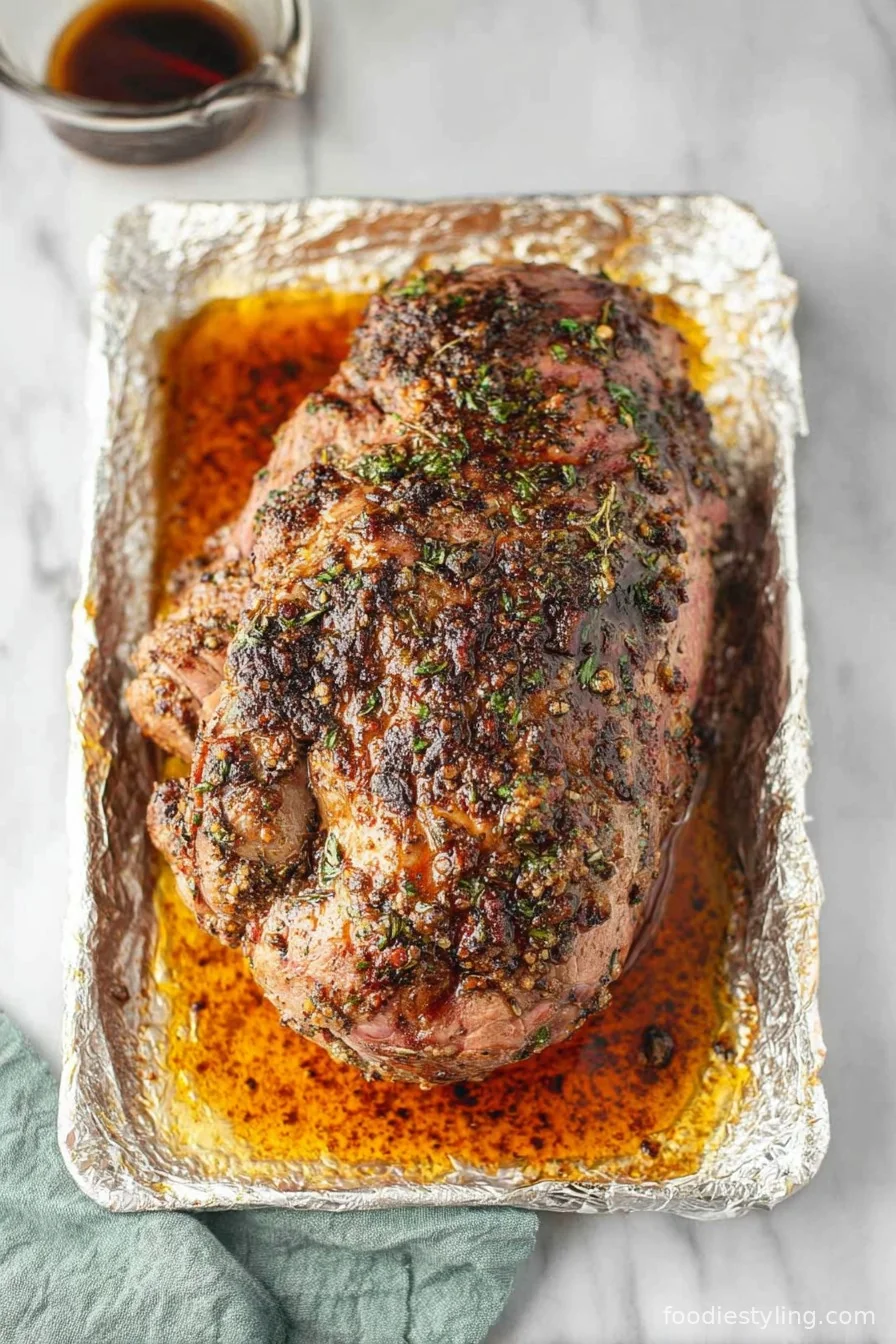 Juicy sliced boneless leg of lamb resting on a wooden cutting board.
