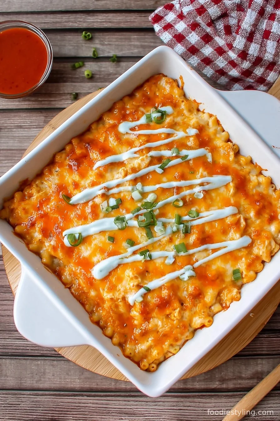Buffalo chicken pasta sprinkled with green onions and melted cheese on a white plate