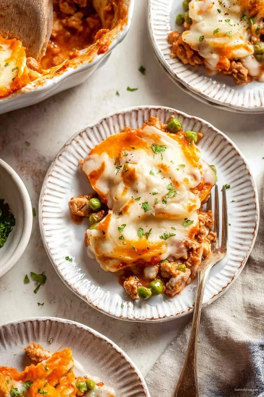 Chicken Shepherd's Pie served in a casserole dish, golden potato topping
