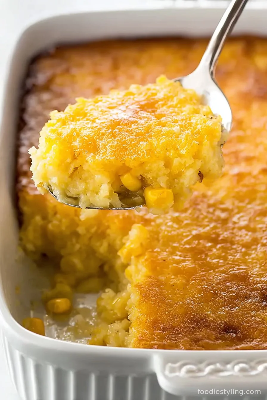 Corn pudding baked golden brown in a casserole dish, topped with fresh chives