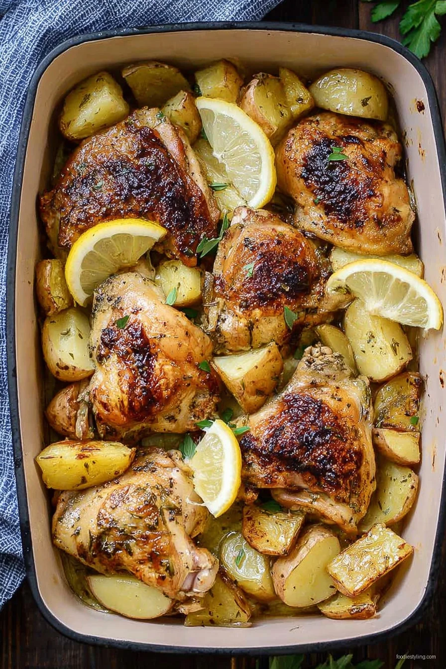 Golden roasted Greek chicken and potatoes in a pan with lemon wedges and herbs
