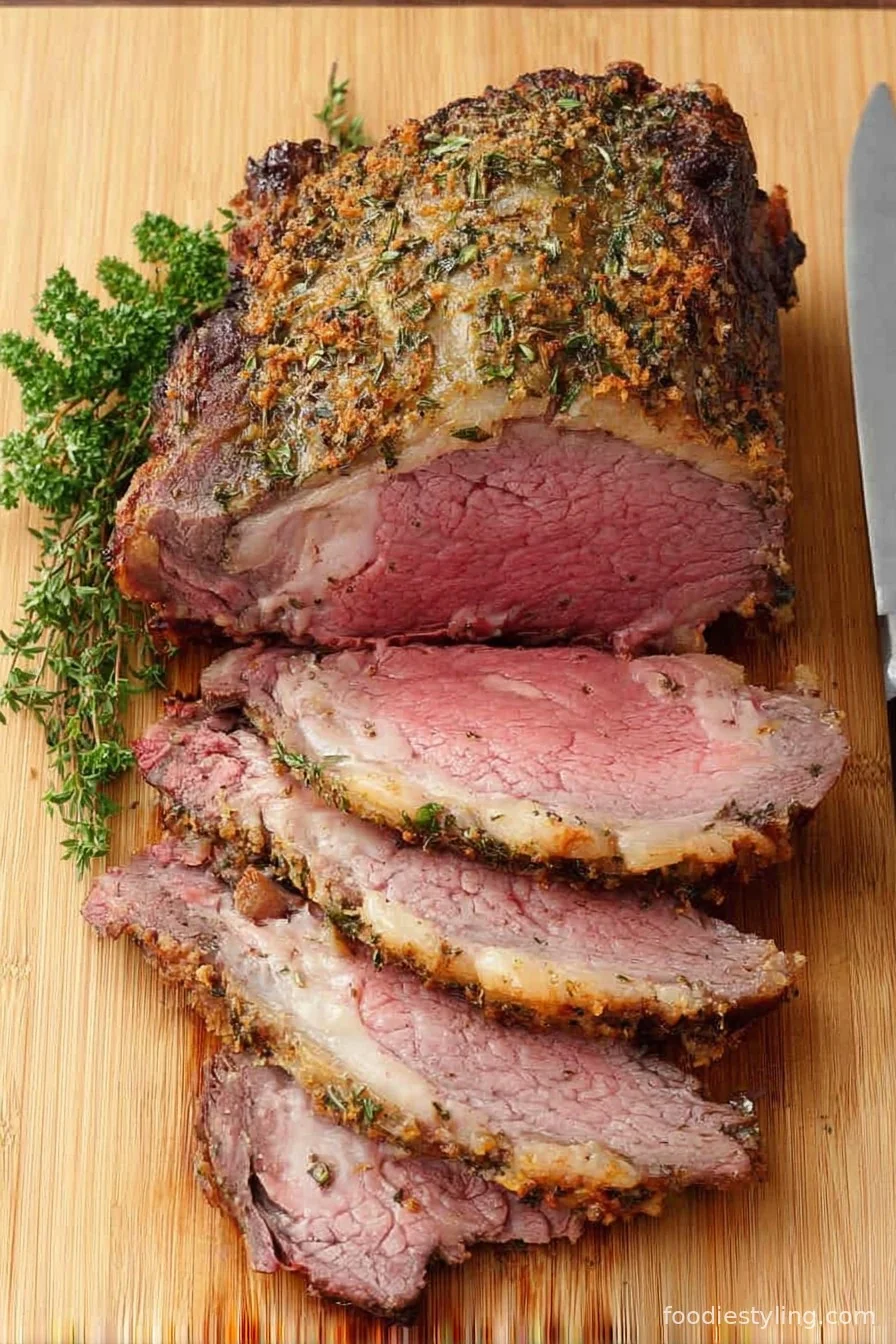 A stunning Garlic and Herb Crusted Prime Rib roast fresh from the oven, showing a golden herb crust and juicy pink center.