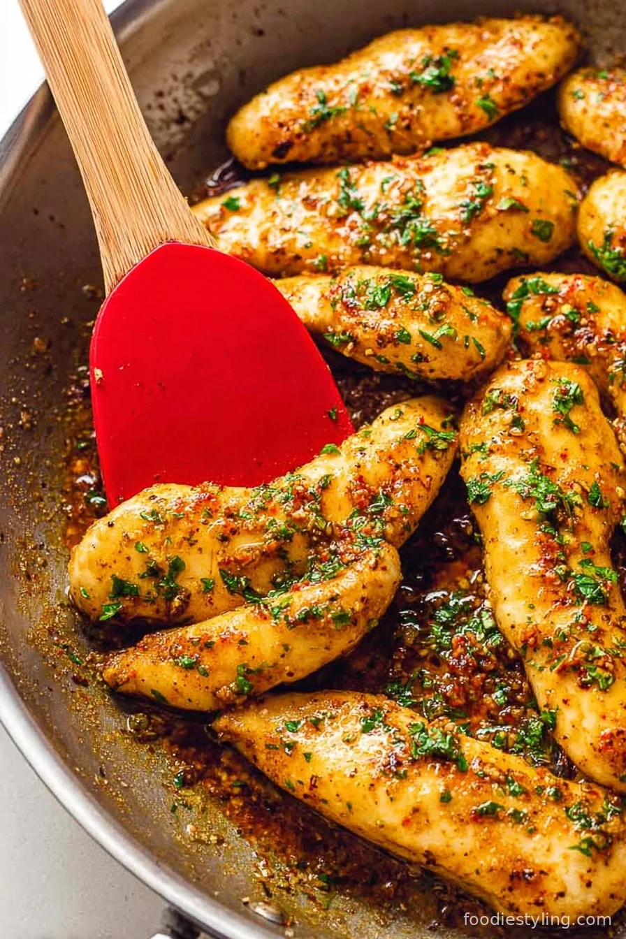 Sizzling, golden Garlic Butter Chicken Tenders in a skillet with fresh parsley.