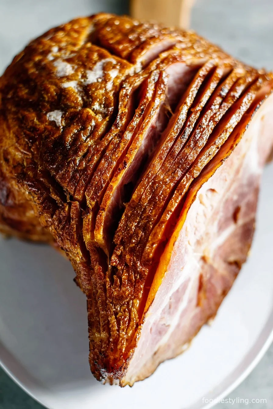Golden-brown, sticky-glazed honey baked ham sitting on a holiday platter