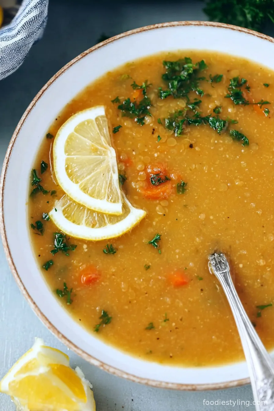 A comforting bowl of Lebanese Lentil Soup, garnished with lemon wedges and chopped parsley