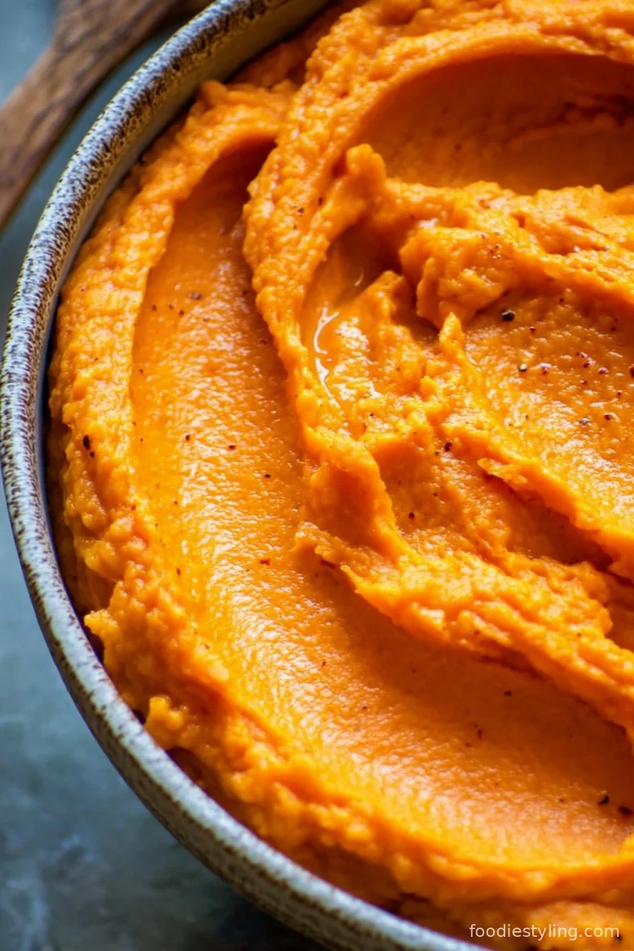 Mashed Sweet Potatoes with Miso Butter in a bowl topped with scallions