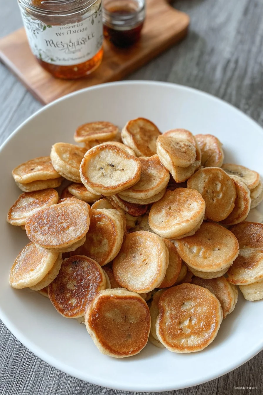 Mini Banana Pancake Bites on a plate, drizzled with maple syrup