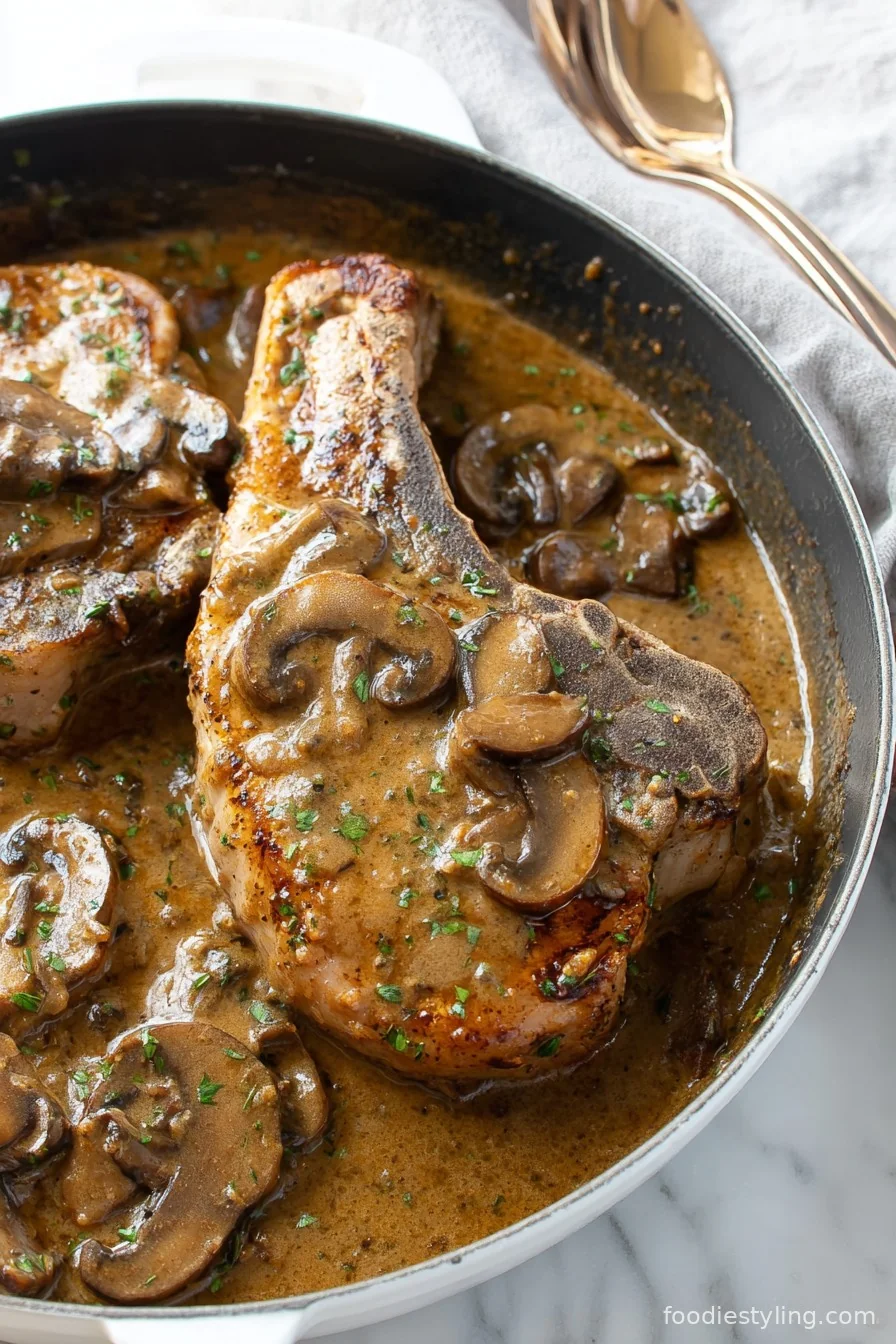 Mushroom Pork Chops plated with creamy mushroom gravy and fresh parsley