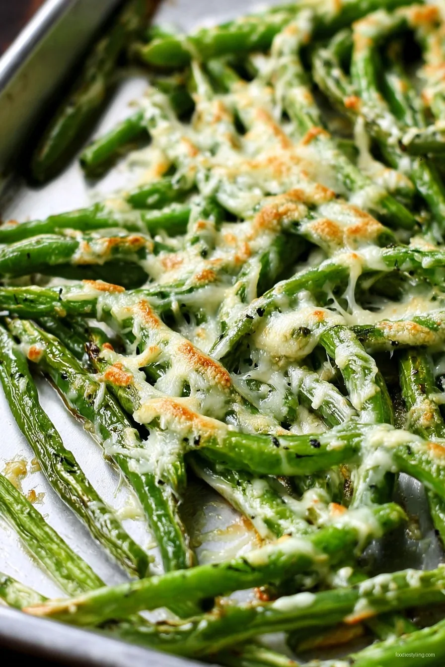 Crispy, golden Parmesan roasted green beans on a baking sheet