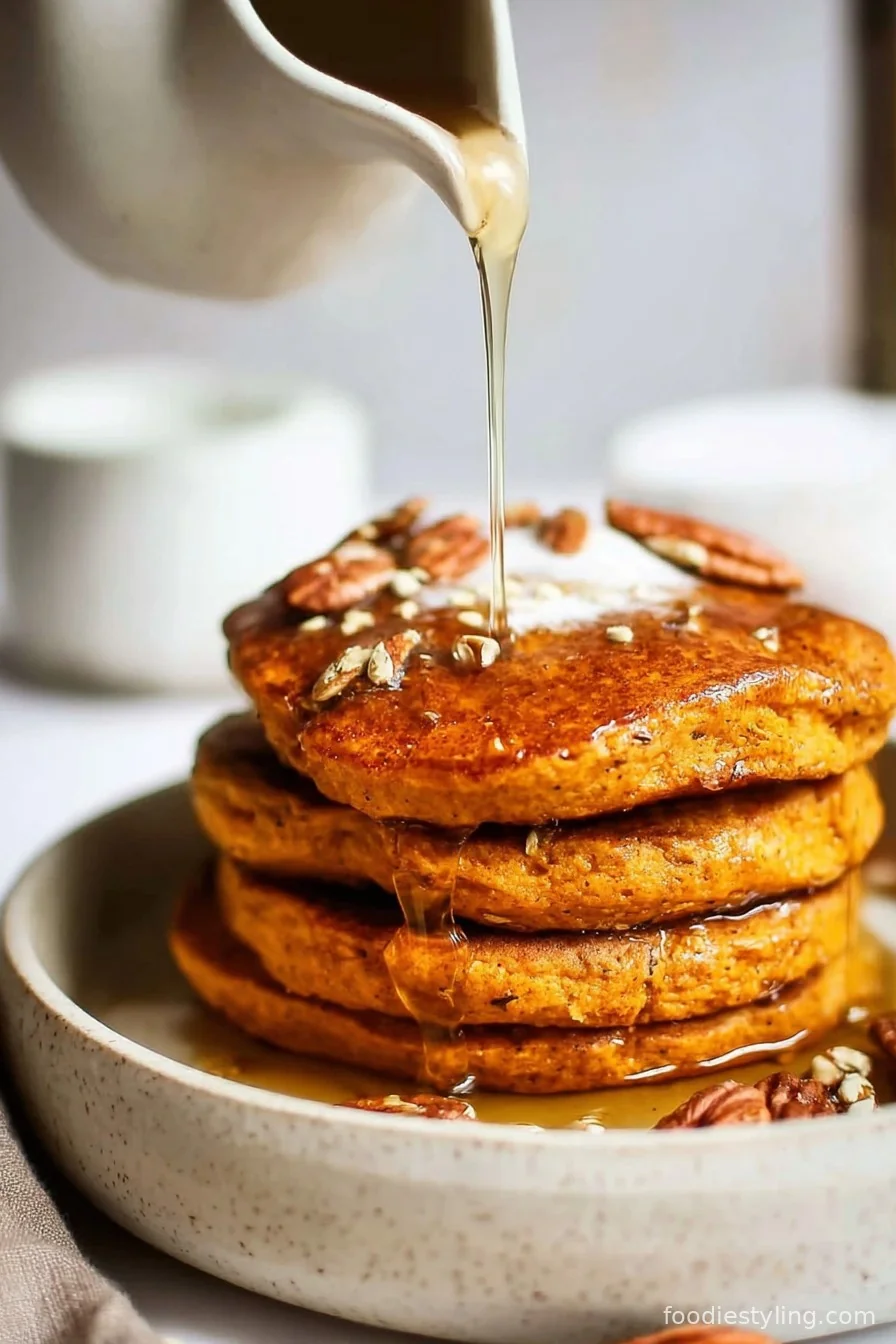 Pumpkin Protein Pancakes stacked high, drizzled with maple syrup and topped with pecans